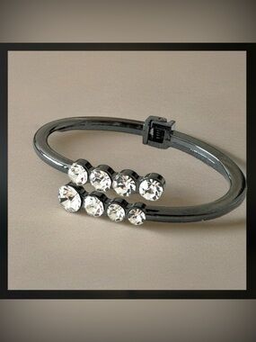 Gunmetal and Glass Crystal Hinged Adjustable Cuff Bracelet Bangle